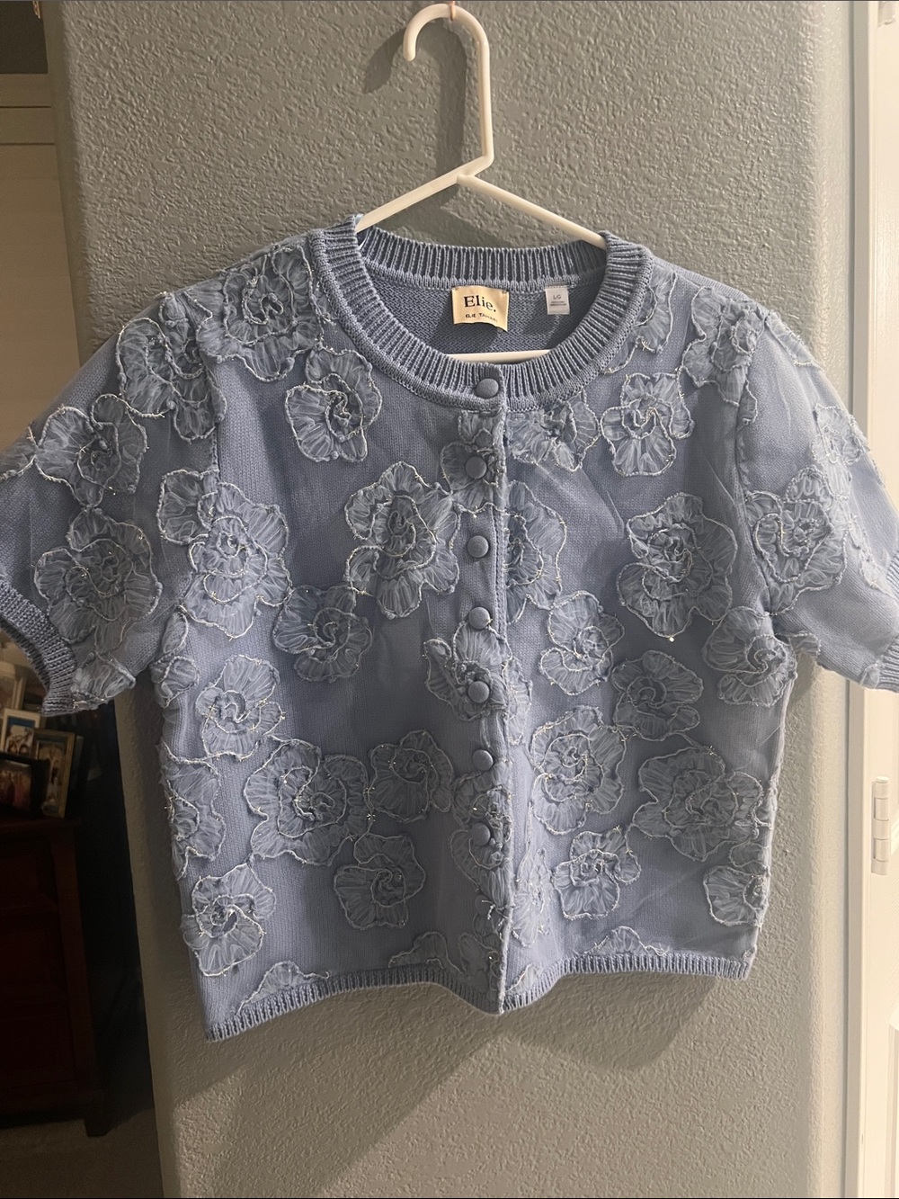 Ellie Light Blue Floral Appliqué Button-Front Knit Top